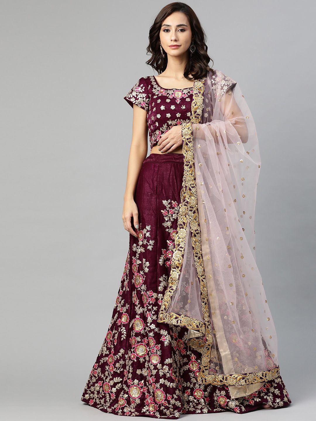 SHUBHVASTRA Burgundy & Golden Semi-Stitched Lehenga & Unstitched Blouse With Dupatta