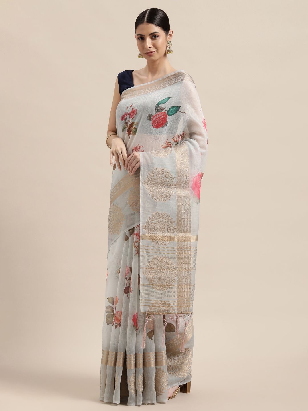 PACHE Grey & Pink Floral Zari Silk Cotton Chanderi Saree