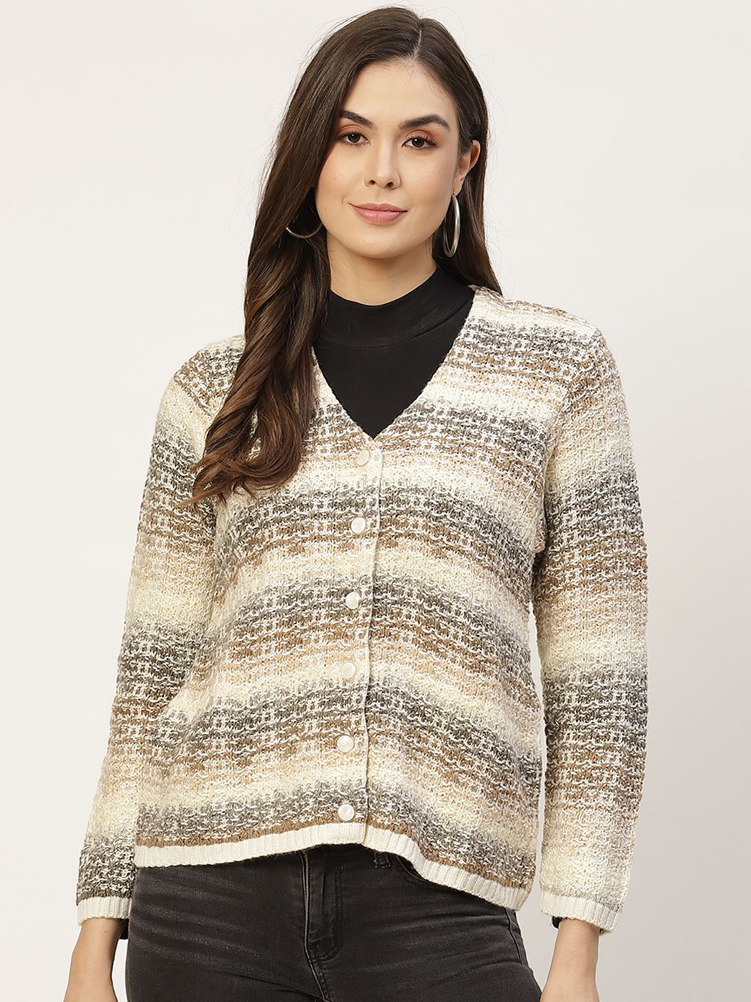 APSLEY Women Off White & Beige Striped Cardigan Price in India