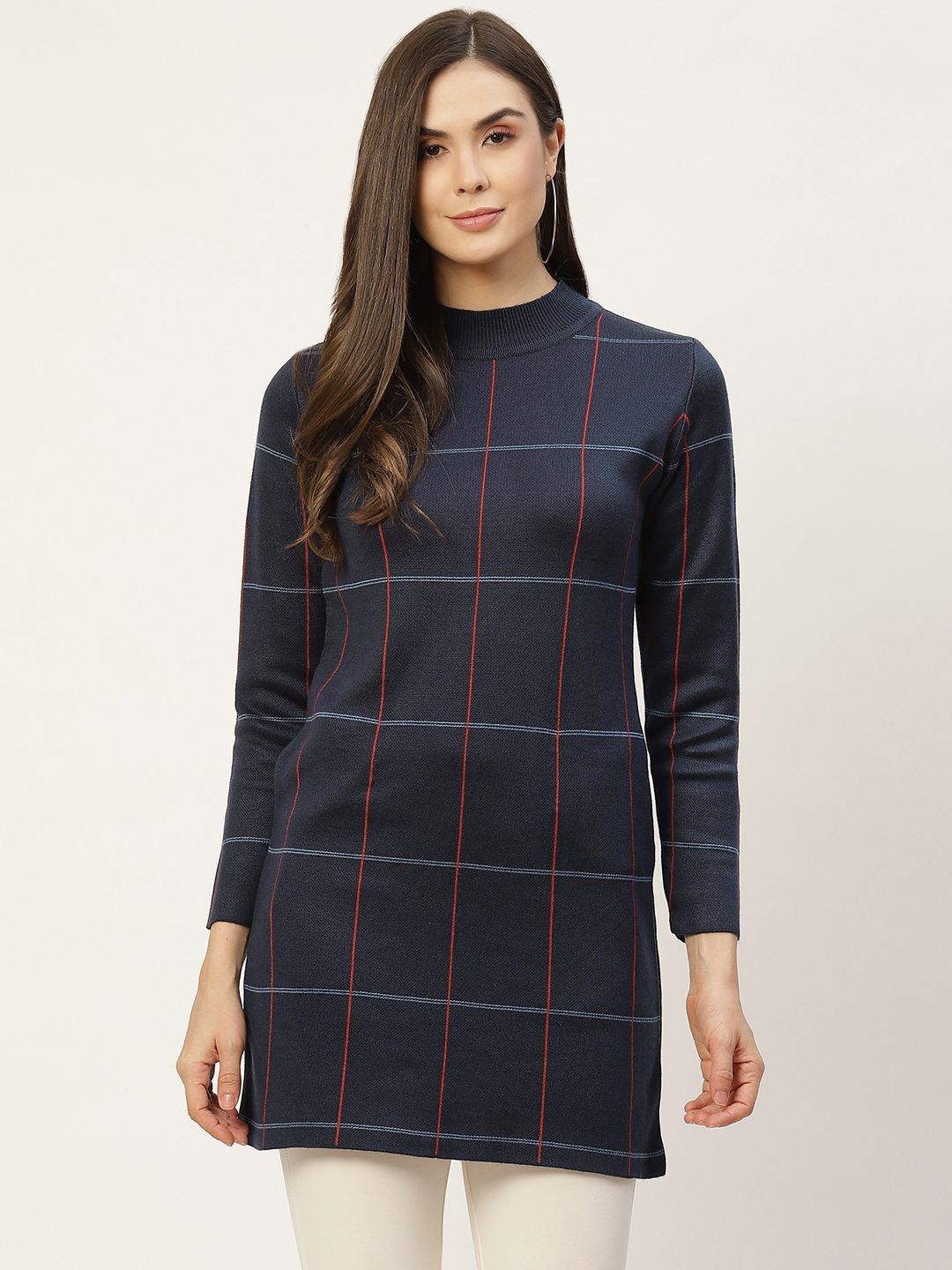 APSLEY Women Navy Blue & Red Checked Longline Pullover Price in India