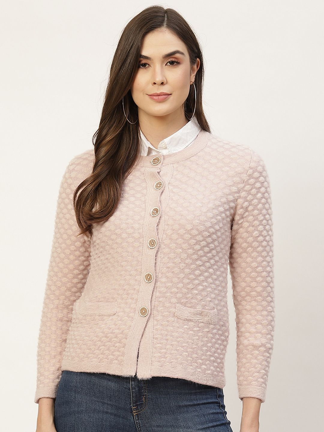 APSLEY Women Pink Self Design Cardigan with Fuzzy Detail Price in India