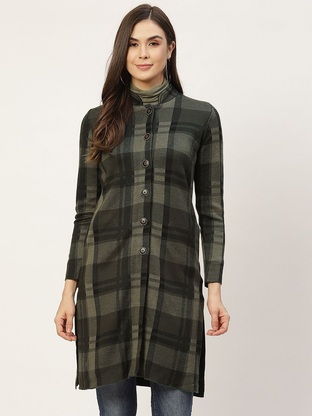 APSLEY Women Olive Brown & Black Checked Longline Sweater Price in India