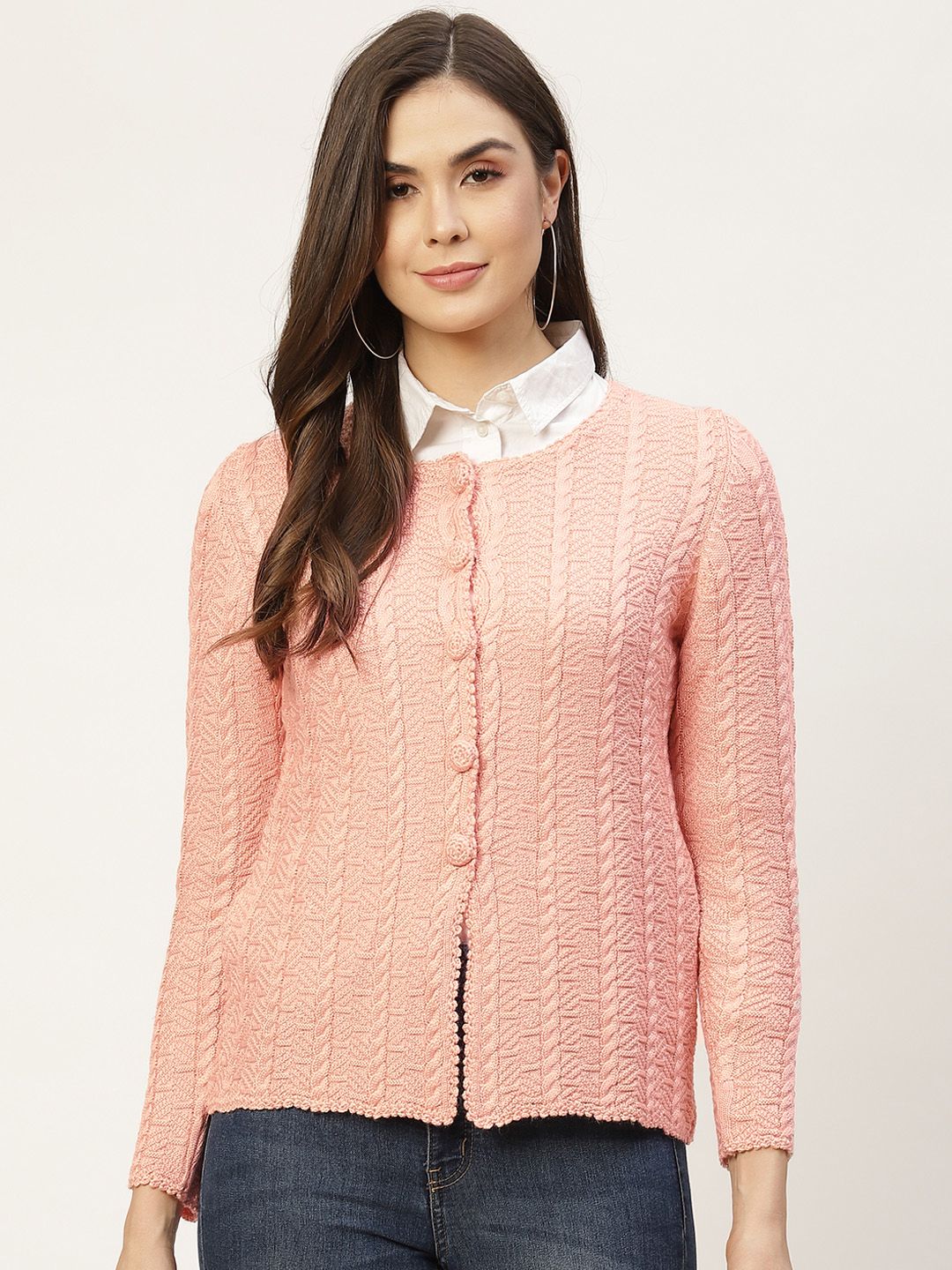 APSLEY Women Peach-Coloured Cable Knit Cardigan Price in India