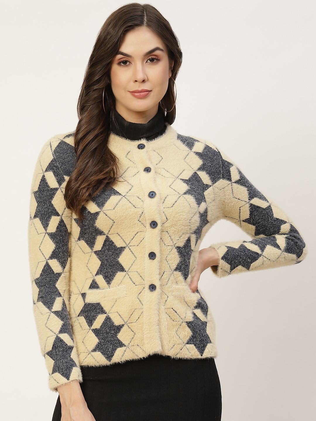 APSLEY Women Yellow & Charcoal Grey Self-Design Fuzzy Cardigan Price in India