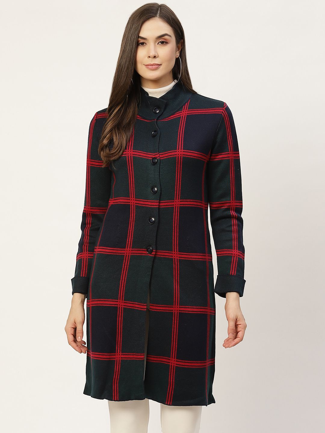 APSLEY Women Navy Blue & Green Checked Longline Cardigan Price in India