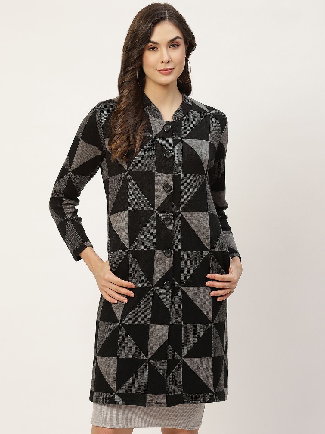 APSLEY Women Grey & Black Printed Longline Cardigan Price in India