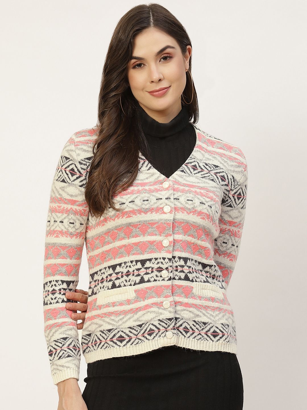 APSLEY Women Off White & Pink Printed Cardigan Price in India