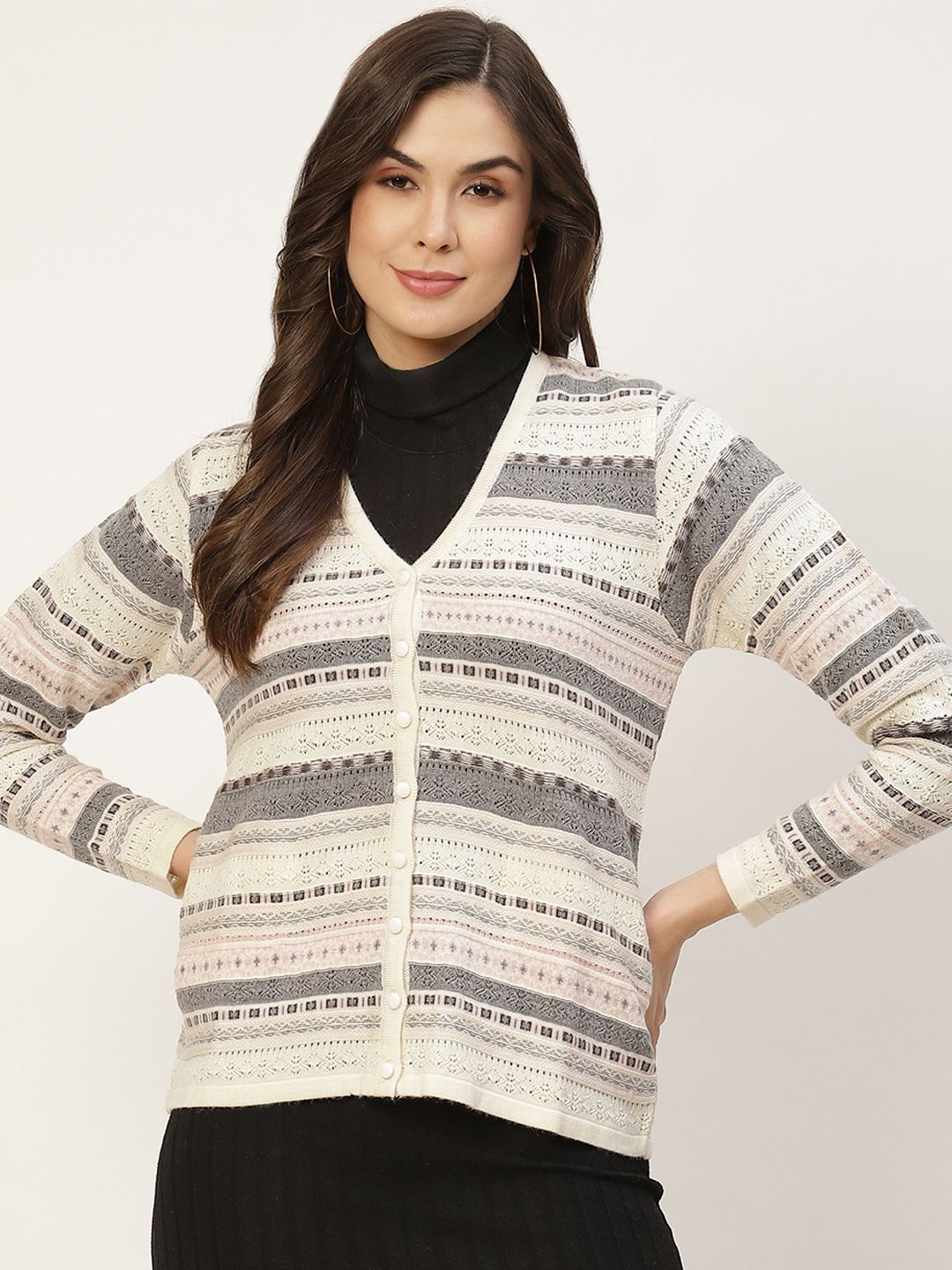 APSLEY Women Off White & Black Striped Cardigan Price in India