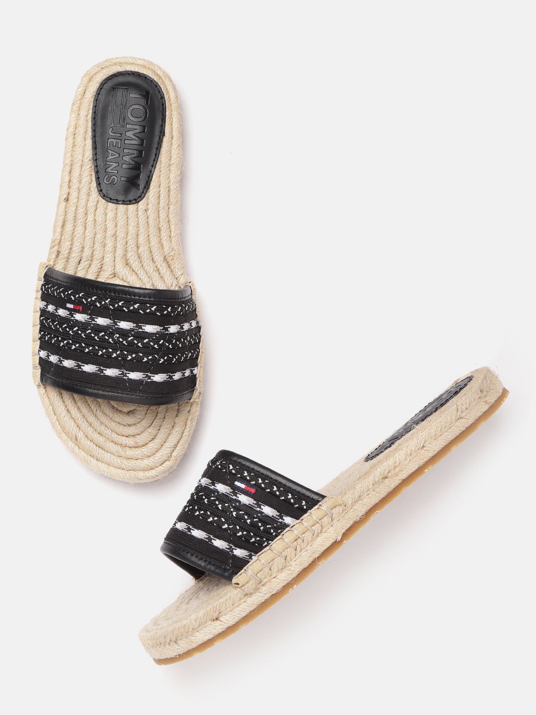 Tommy Hilfiger Women Black & White Woven Design Espadrille Style Open Toe Flats Price in India
