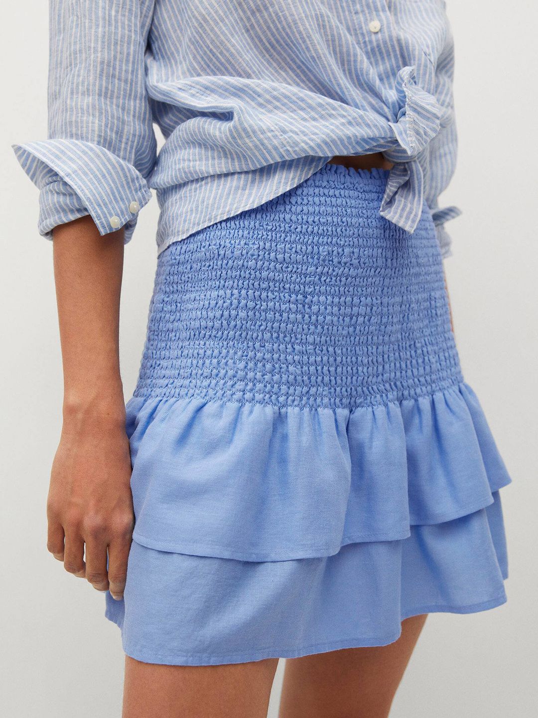 MANGO Women Blue Solid Smocked Layered Mini Skirt