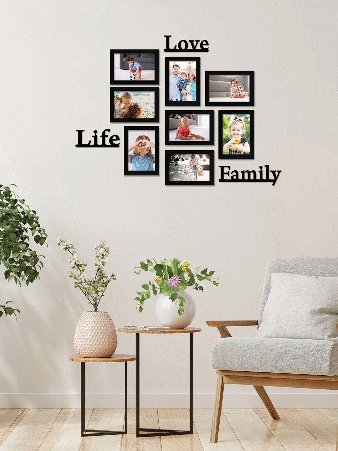 RANDOM Set Of 8 Black Solid Individual Photo Frames With Love,Life & Family Plaque Price in India