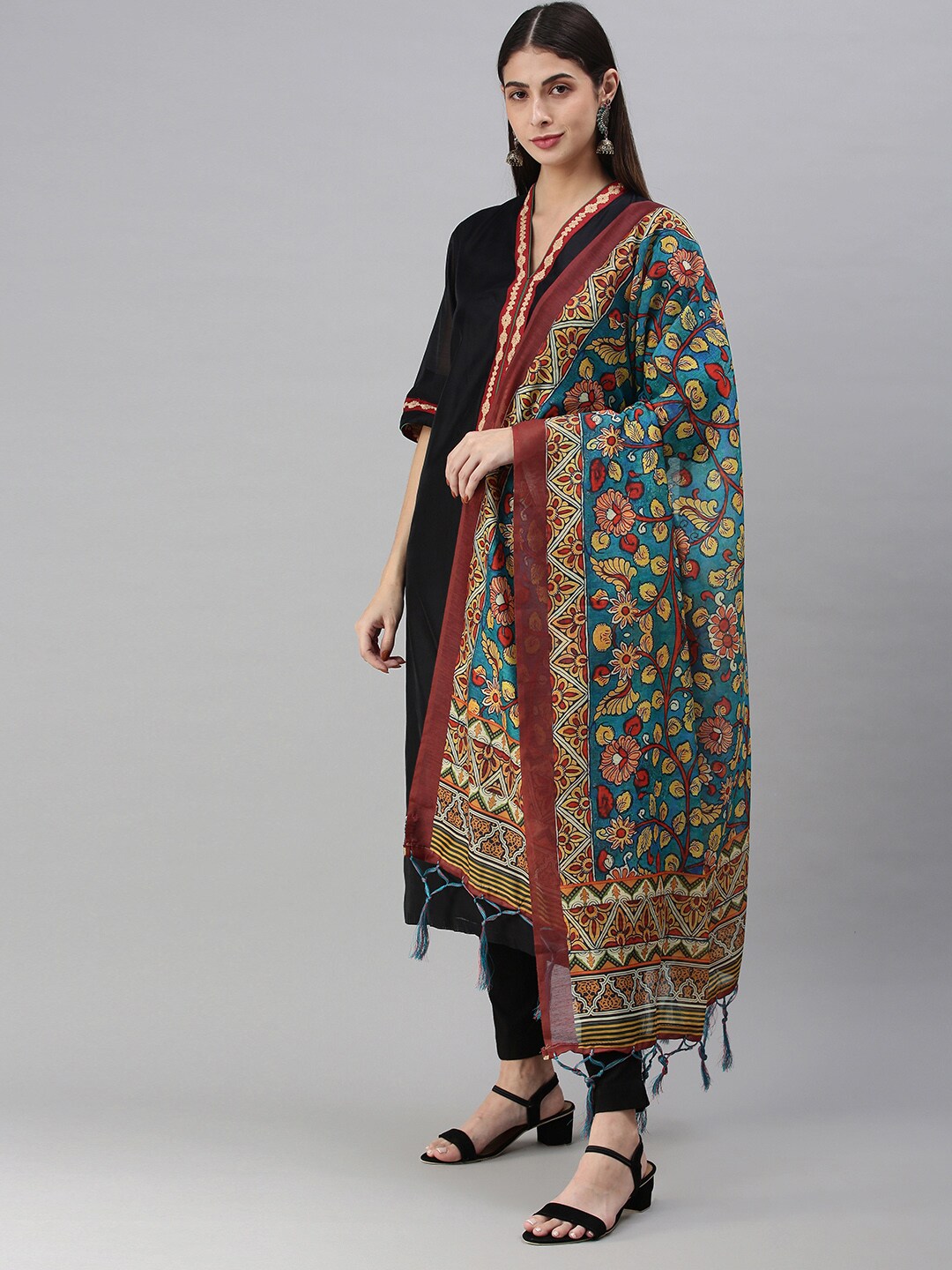 flaher Turquoise Blue & Maroon Printed Cotton Silk Dupatta Price in India