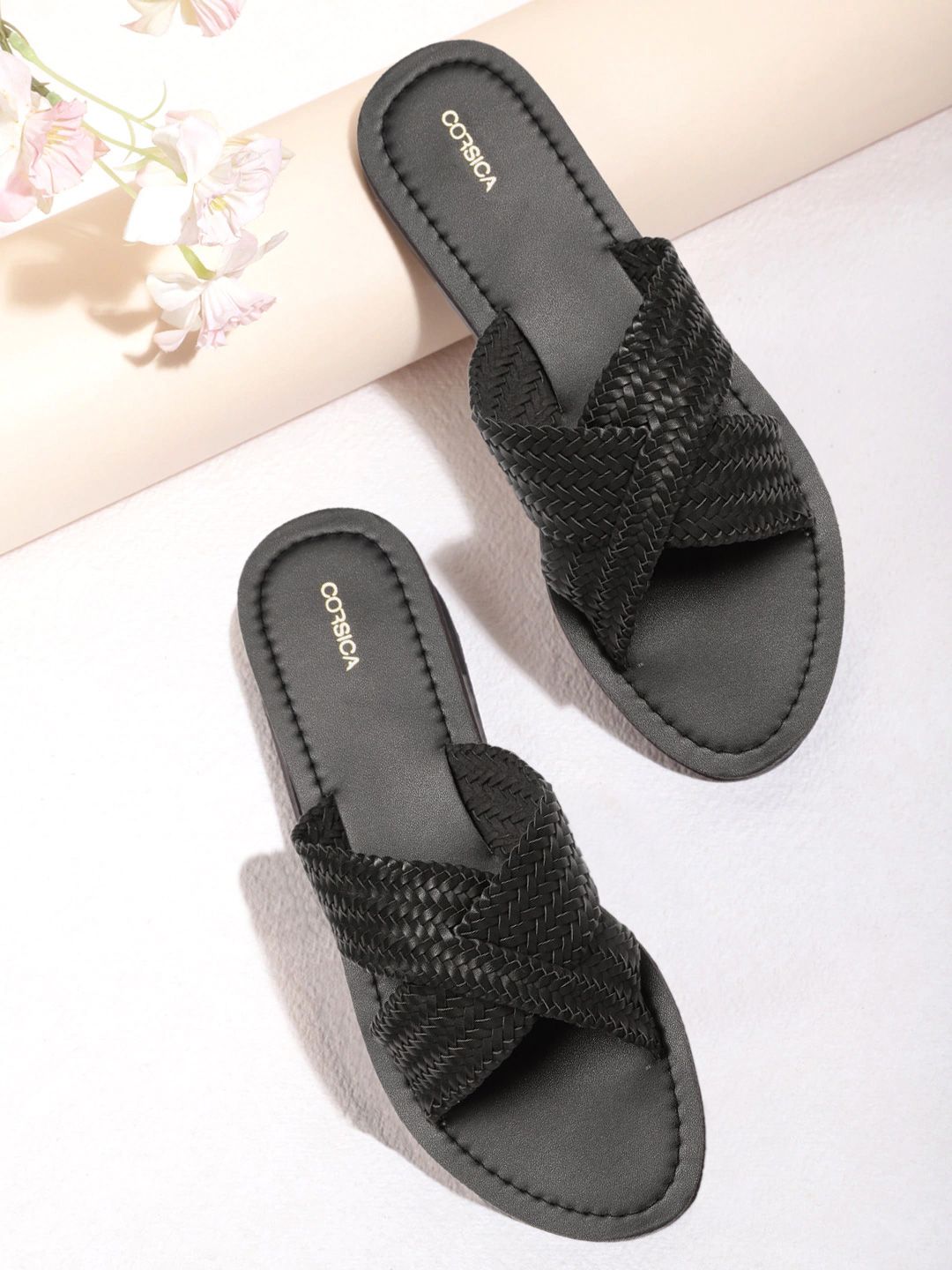 CORSICA Women Black Woven Design Open Toe Flats Price in India