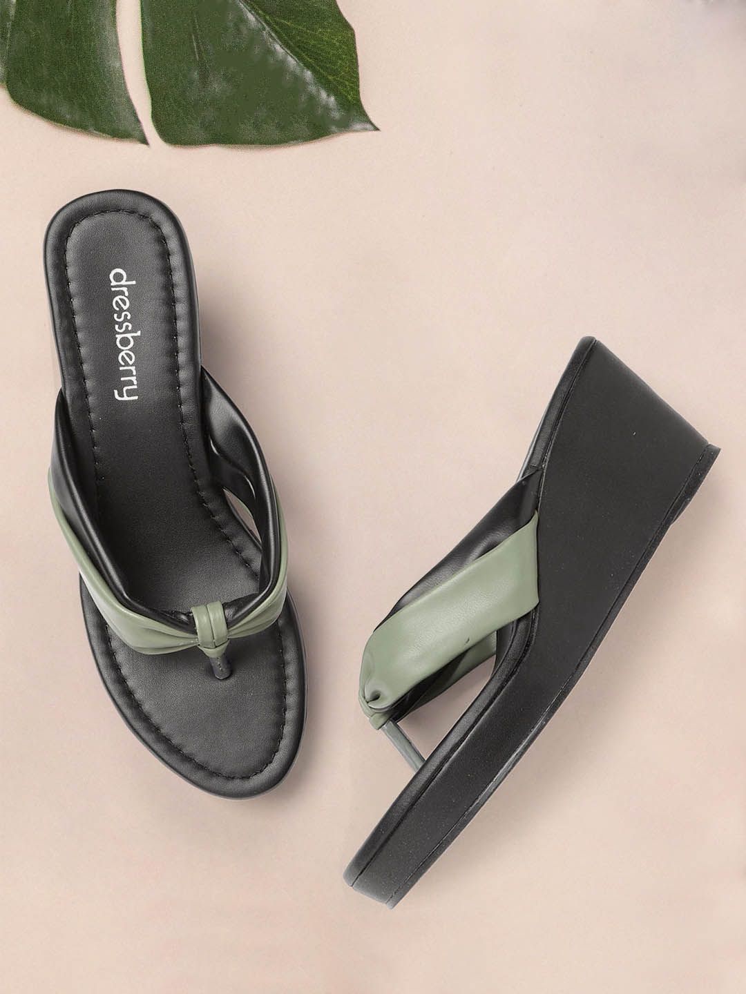 DressBerry Women Black & Green Colourblocked Wedges Price in India