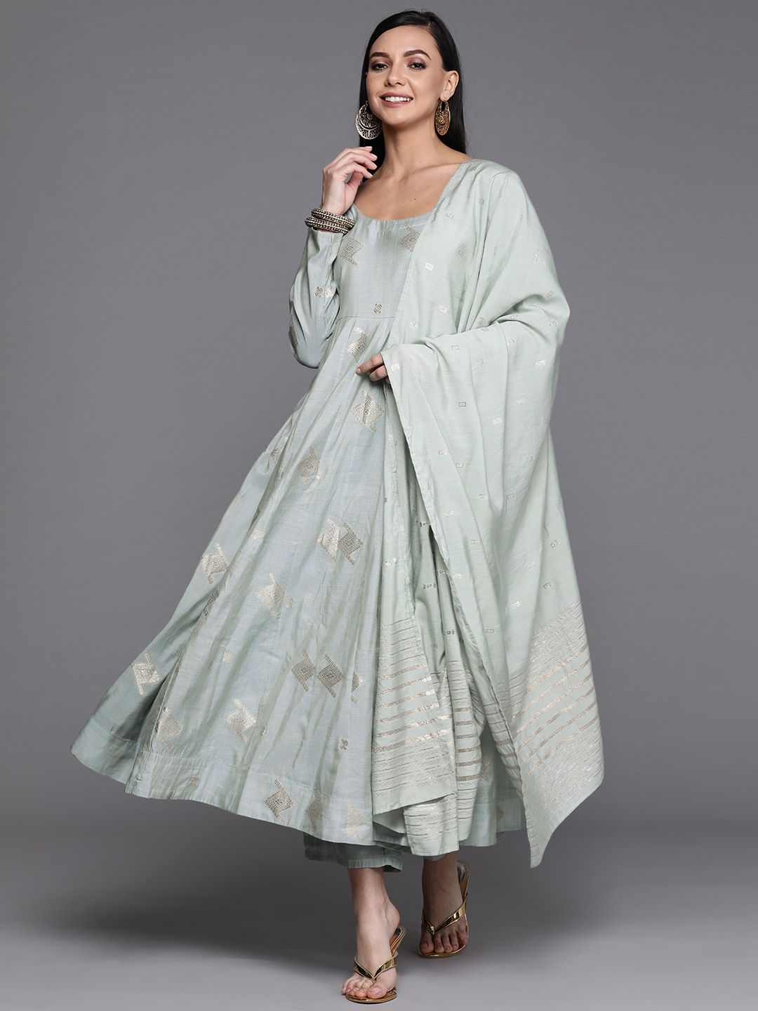 Libas Women Green & Golden Woven Design Chanderi Silk Kurta with Palazzos & Dupatta Price in India