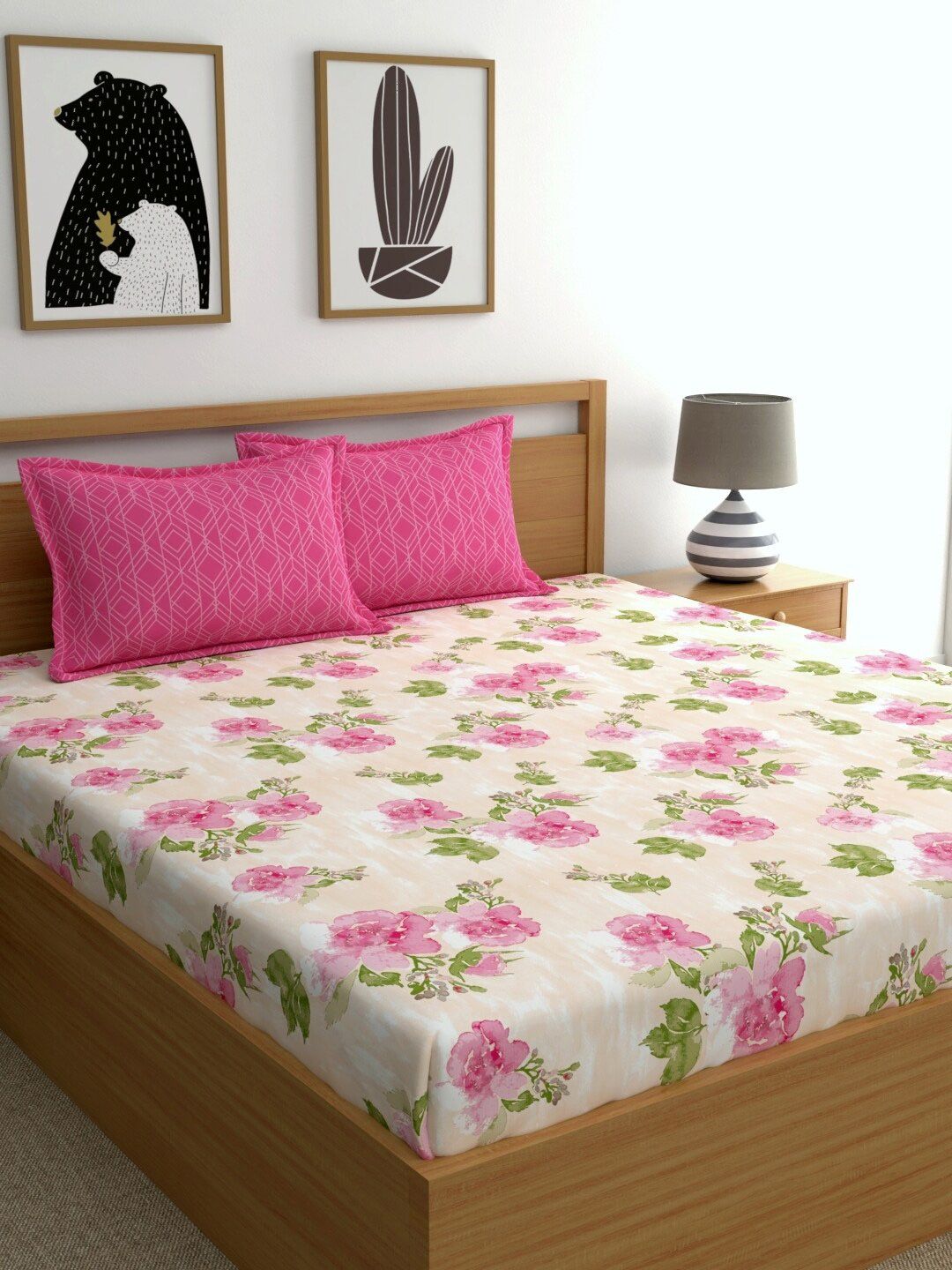 Home Ecstasy Pink & Green Floral 140 TC King Bedsheet with 2 Pillow Covers Price in India
