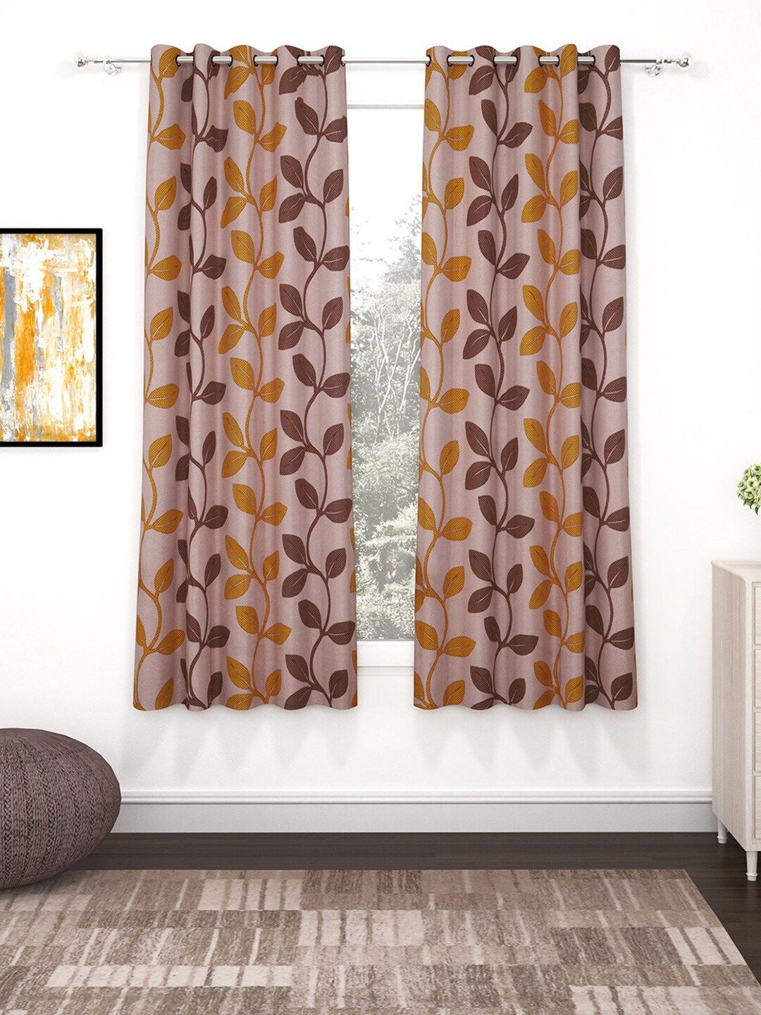 Bedspun Brown & Mustard Yellow Set of 2 Printed Polyester Eyelet Ringtop Window Curtains Price in India