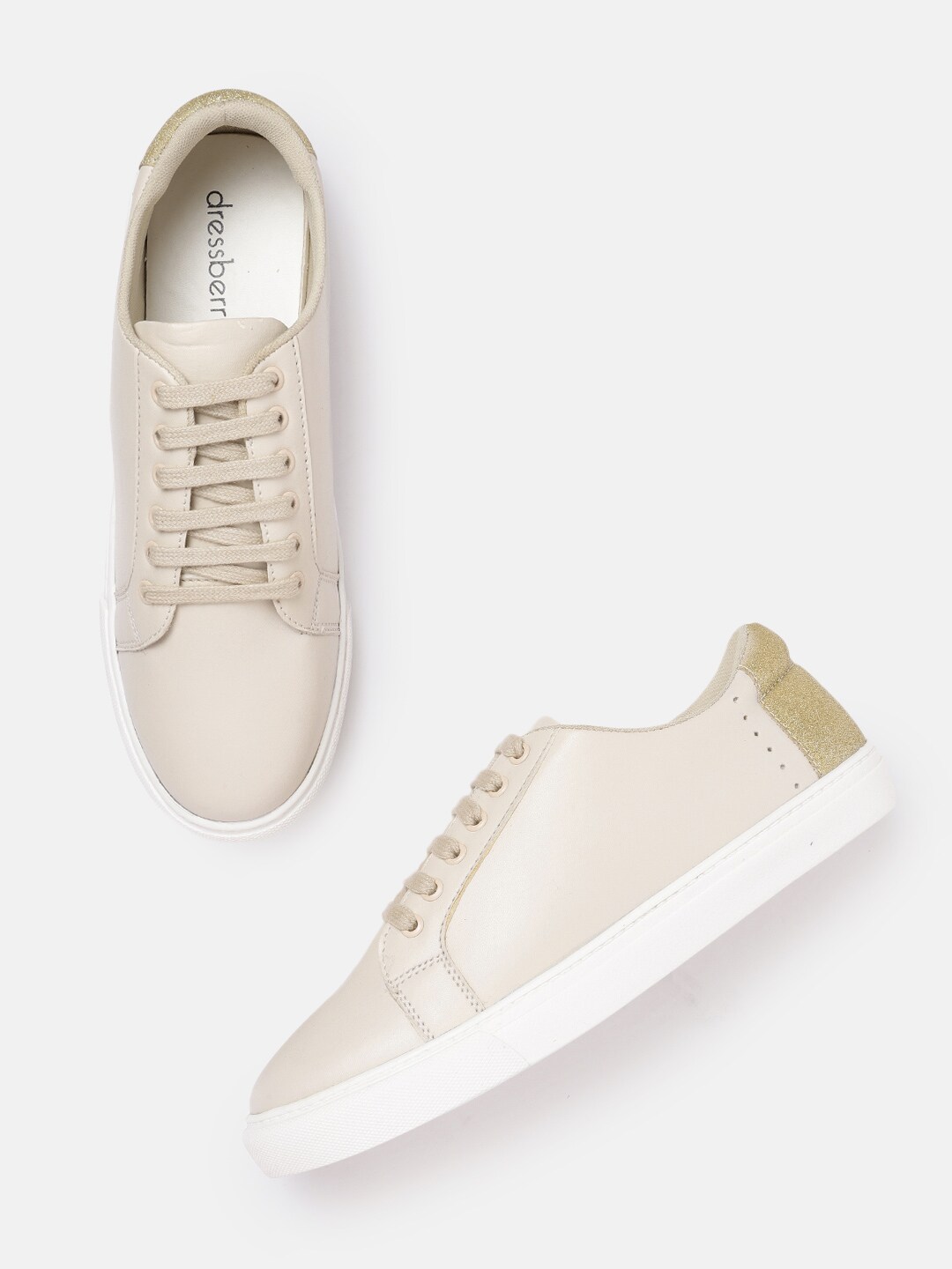 DressBerry Women Beige Solid Leather Sneakers Price in India