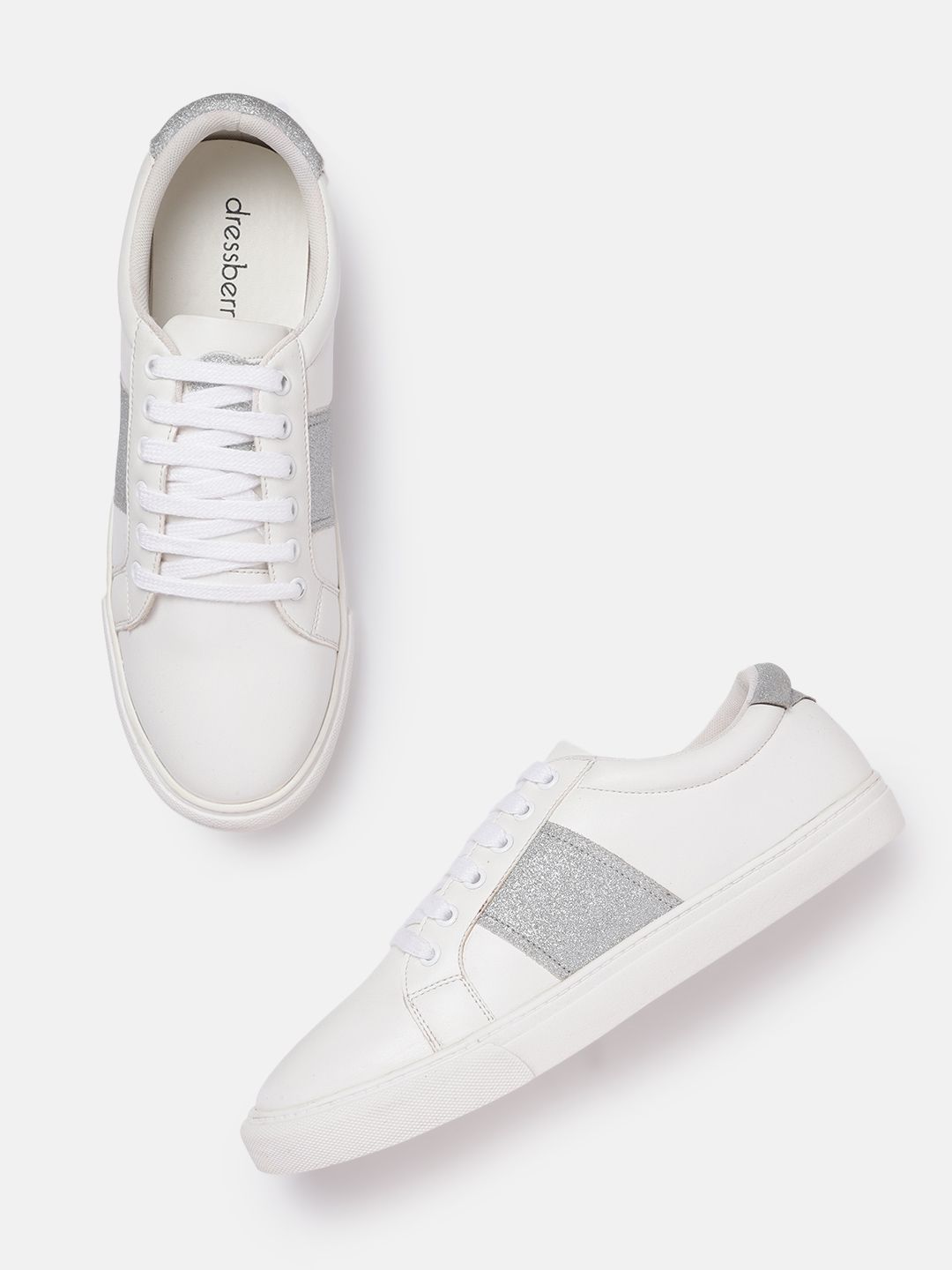 DressBerry Women White & Silver-Toned Colourblocked Leather Sneakers Price in India