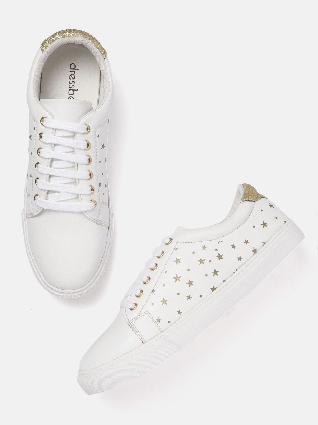 DressBerry Women White & Gold-Toned Star Printed Leather Sneakers Price in India