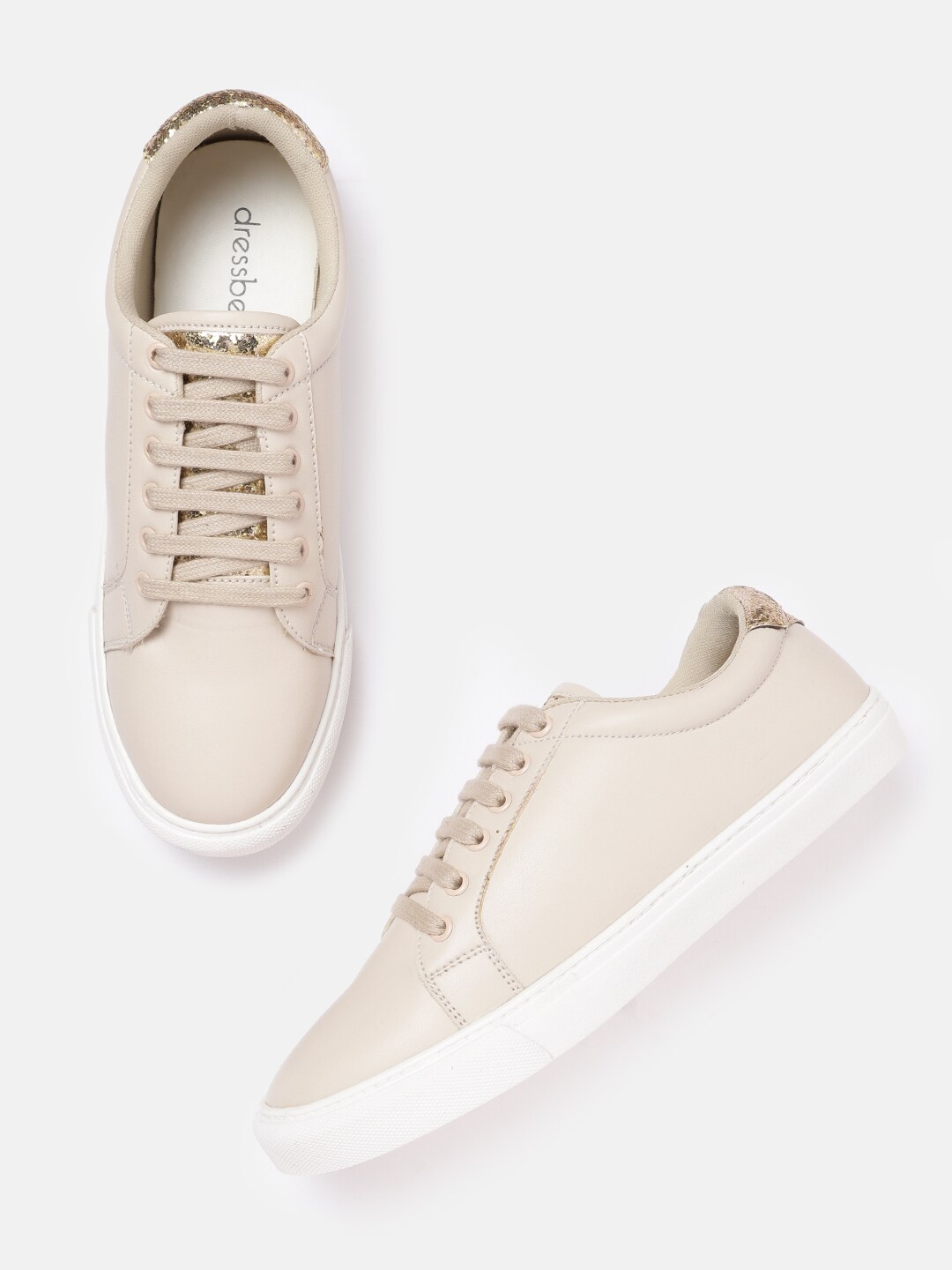 DressBerry Women Beige & Gold-Toned Solid Leather Sneakers Price in India