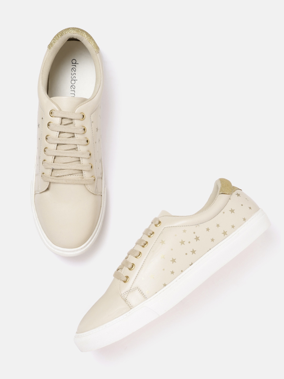 DressBerry Women Beige & Gol-Toned Star Printed Leather Sneakers Price in India