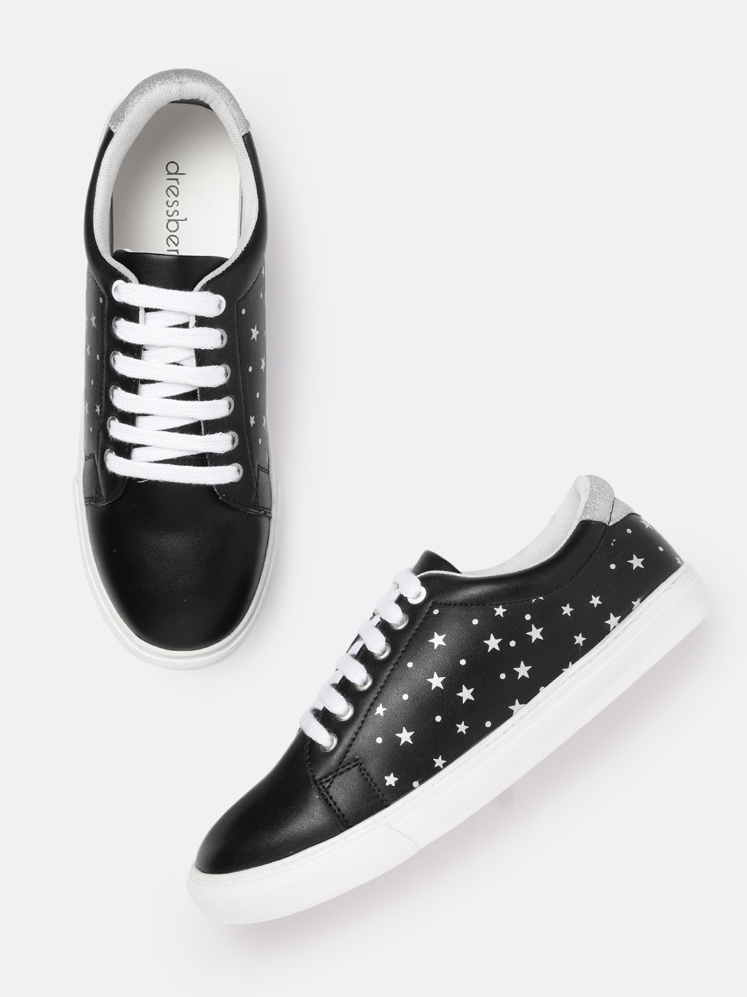 DressBerry Women Black & Silver-Toned Star Print Leather Sneakers Price in India