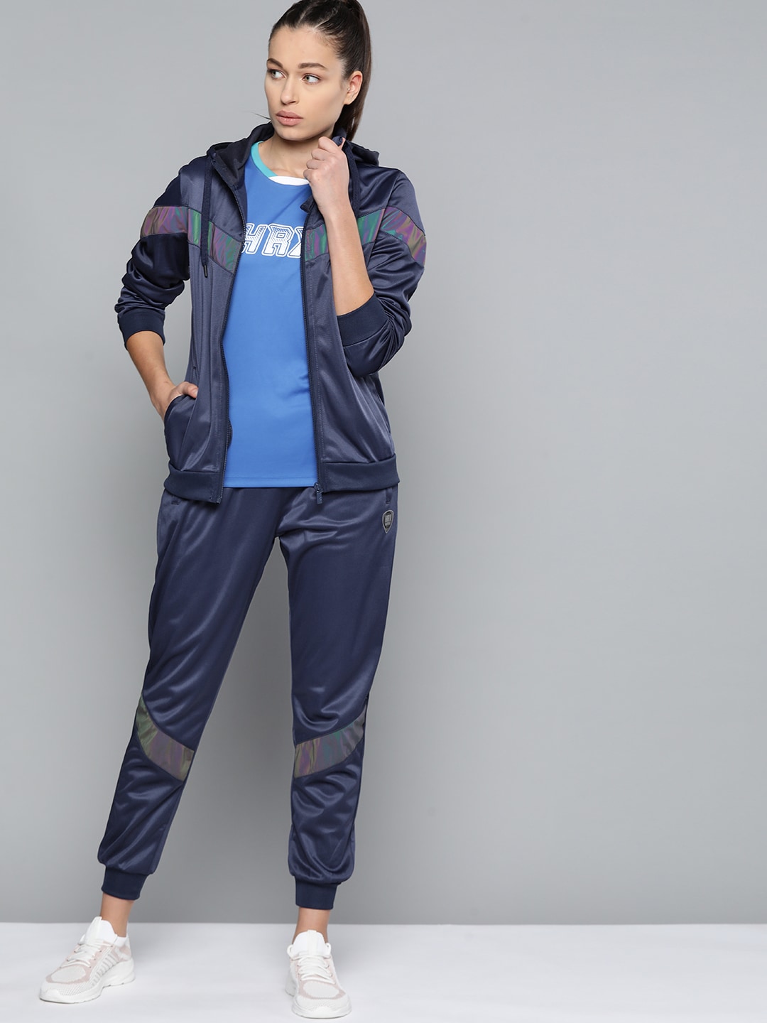 HRX by Hrithik Roshan Women Navy Blue Colorblocked Football Tracksuit Price in India