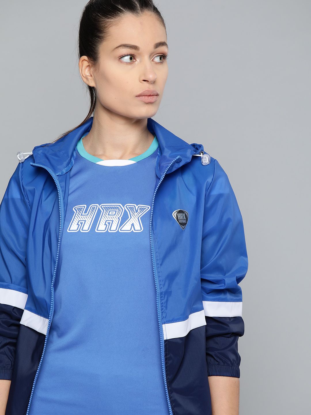 HRX by Hrithik Roshan Women Blue Colourblocked Sporty Football Jacket Price in India