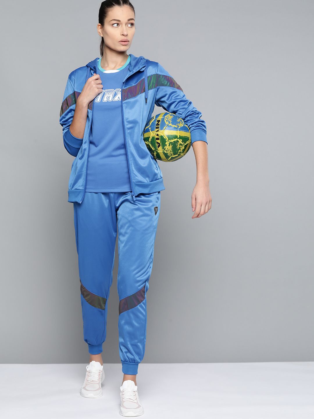 HRX by Hrithik Roshan Women Blue & Grey Colorblocked Football Tracksuit Price in India