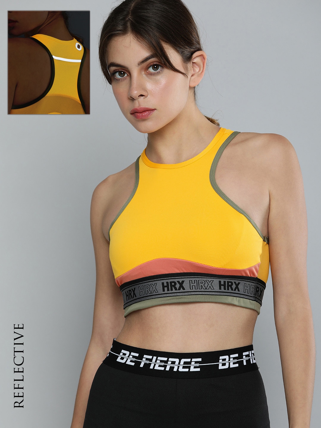 HRX By Hrithik Roshan Running Women Yellow Rapid-Dry Reflective Brand Carrier Sports Bra Price in India