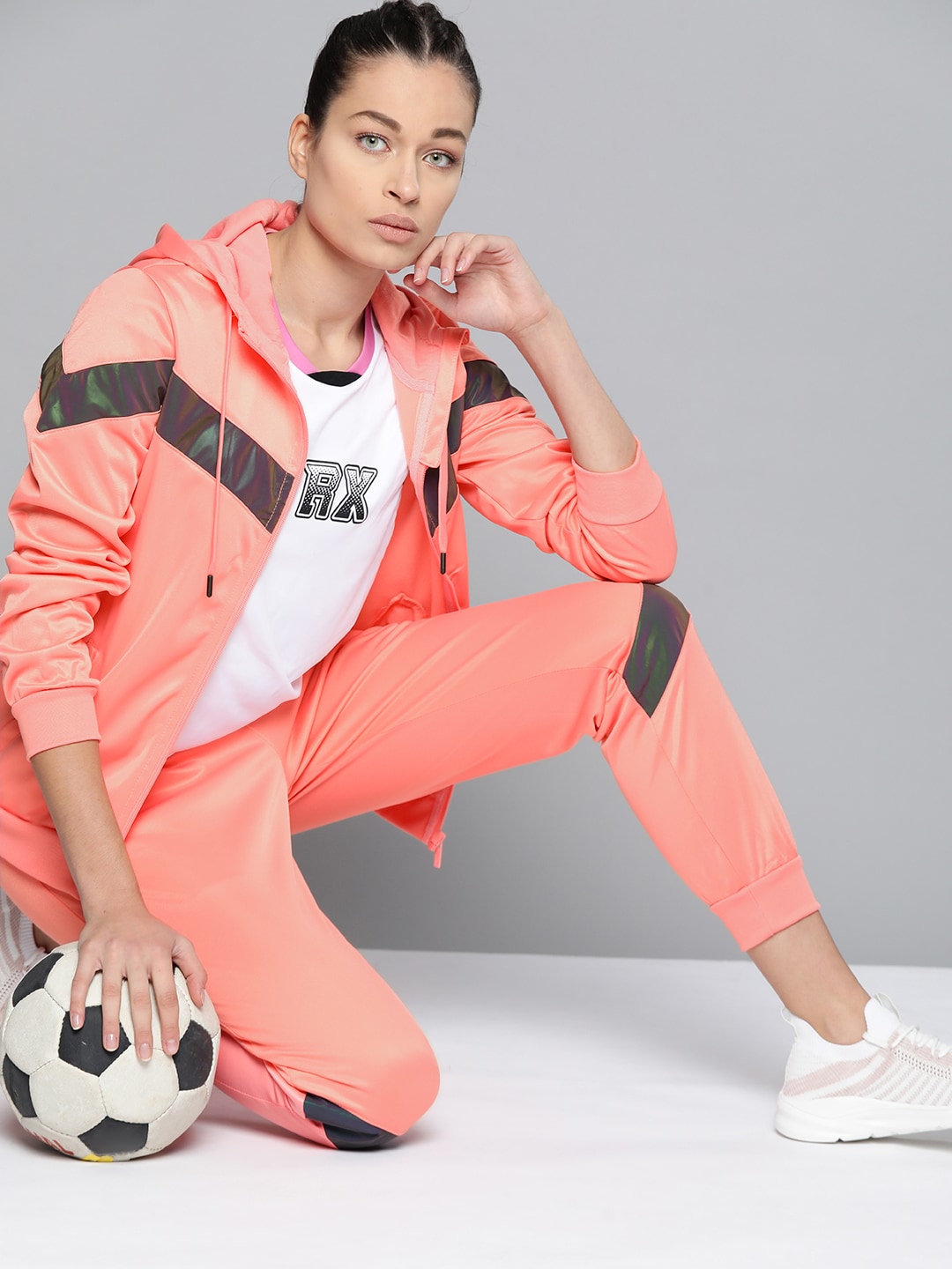 HRX by Hrithik Roshan Women Peach-Coloured & Grey Colourblocked Football Tracksuit Price in India