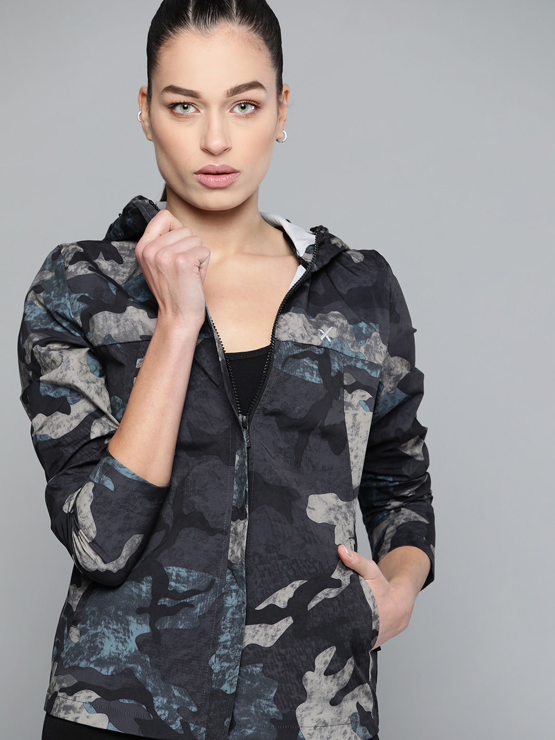 HRX By Hrithik Roshan Outdoor Women Black & Blue Rapid-Dry Camouflage Jackets Price in India