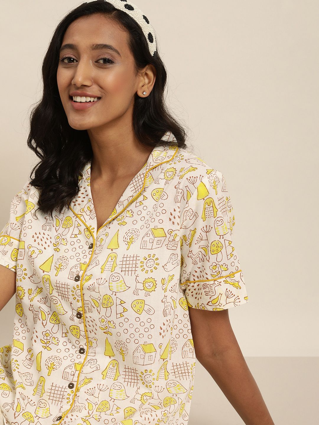 Taavi Women Off White & Yellow Pure Cotton Hand Block Print Legacy Lounge Top Price in India