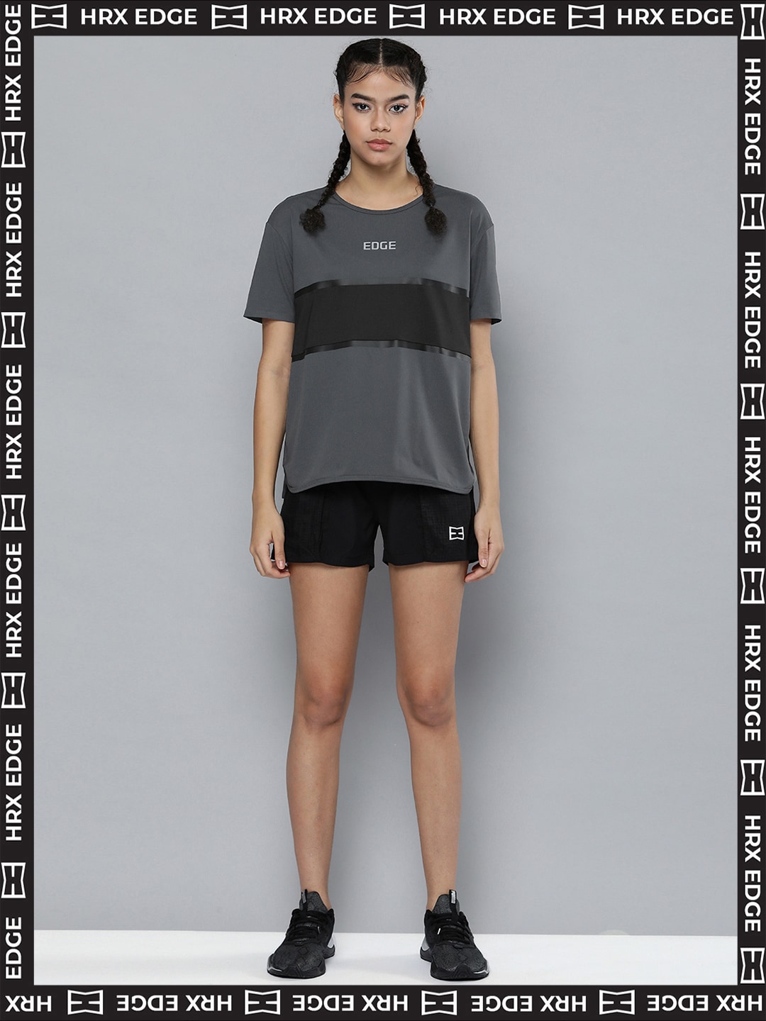HRX By Hrithik Roshan EDGE Lifestyle Women Anthracite Rapid-Dry Solid T-shirts Price in India