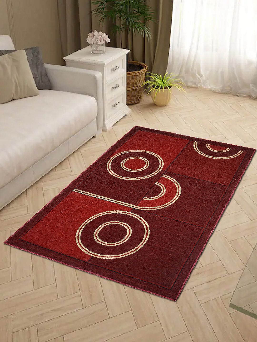 Status Unisex Maroon & Beige Ethnic Motifs Anti-Skid Carpet Price in India