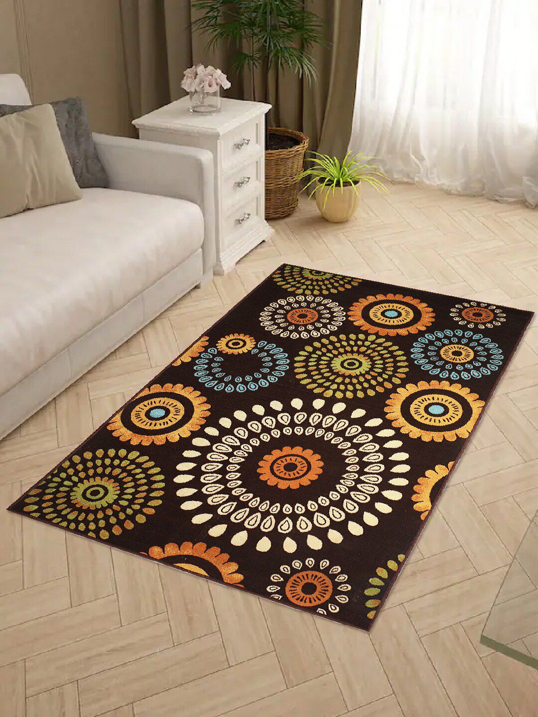 Status Brown & Orange Geometric Motifs Anti-Skid Carpet Price in India