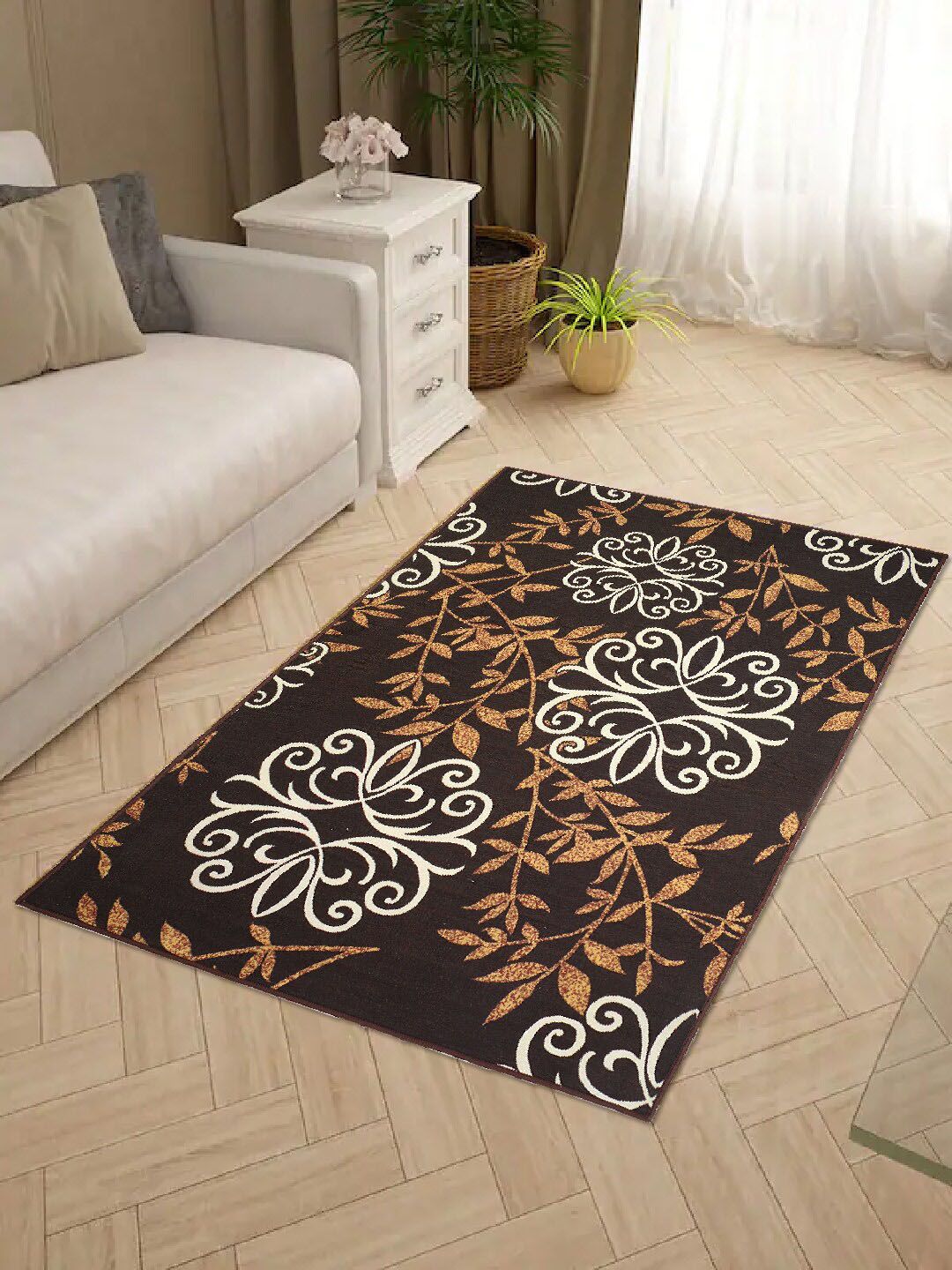 Status Brown & Beige Ethnic Motifs Anti-Skid Carpet Price in India