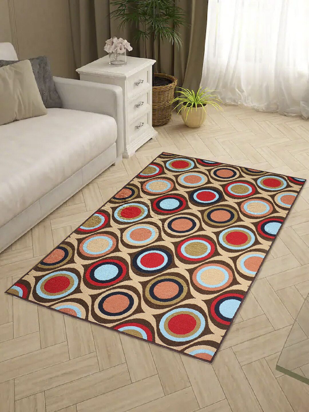 Status Beige & Red Geometric Motifs Anti-Skid Carpet Price in India