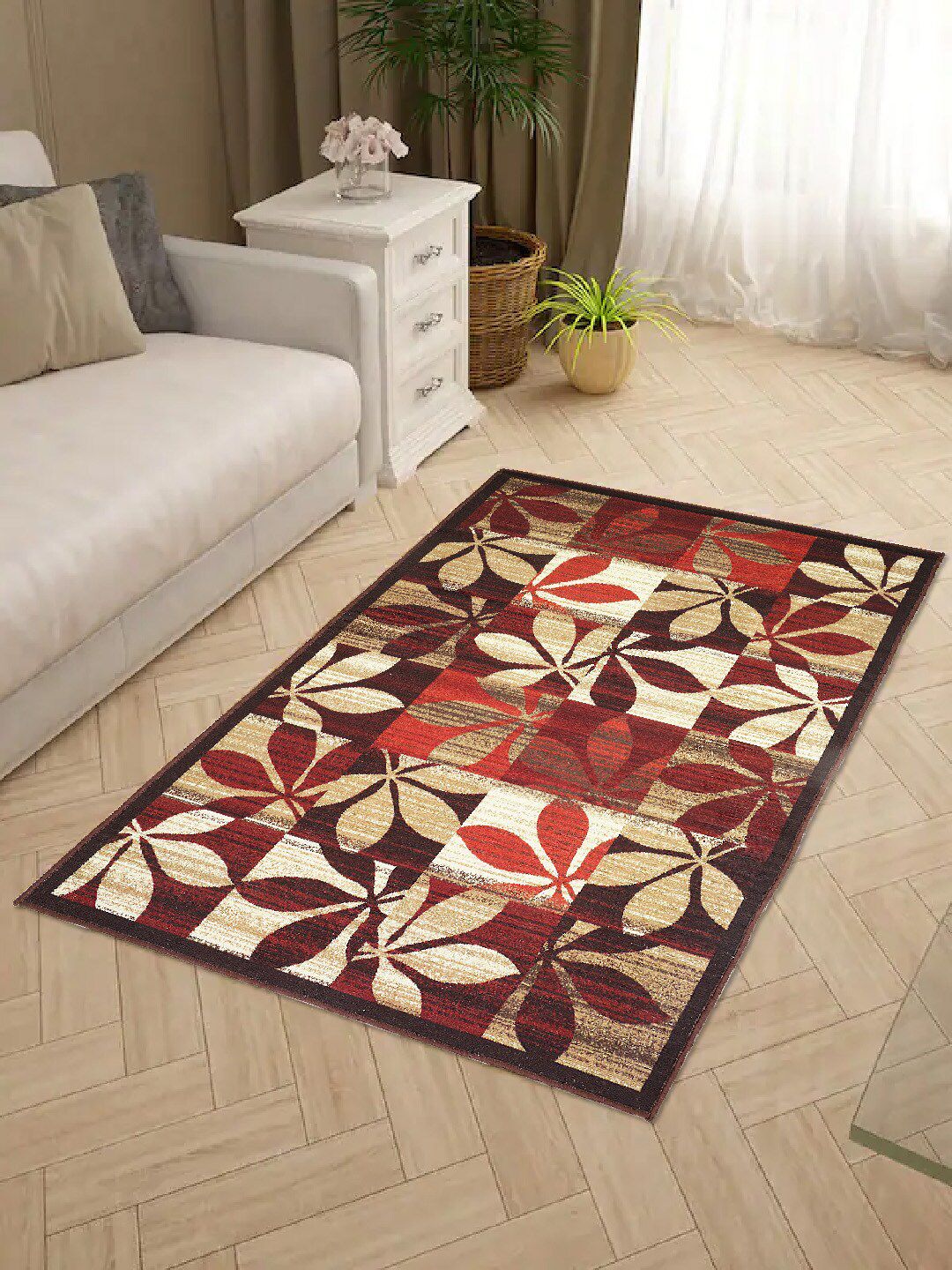 Status Maroon & Beige Floral Motifs Anti-Skid Light Carpet Price in India