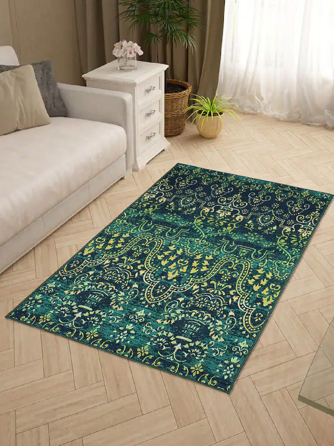 Status Navy Blue & Green Printed Anti-Skid Carpet Price in India