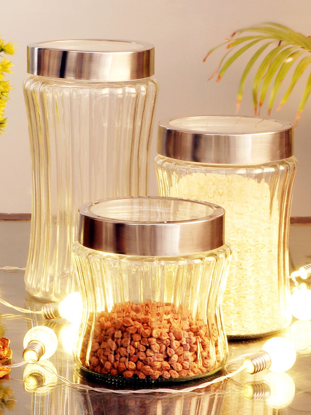 ceradeco Set Of 3 Transparent & Silver-Toned Storage Jars With Lids Price in India