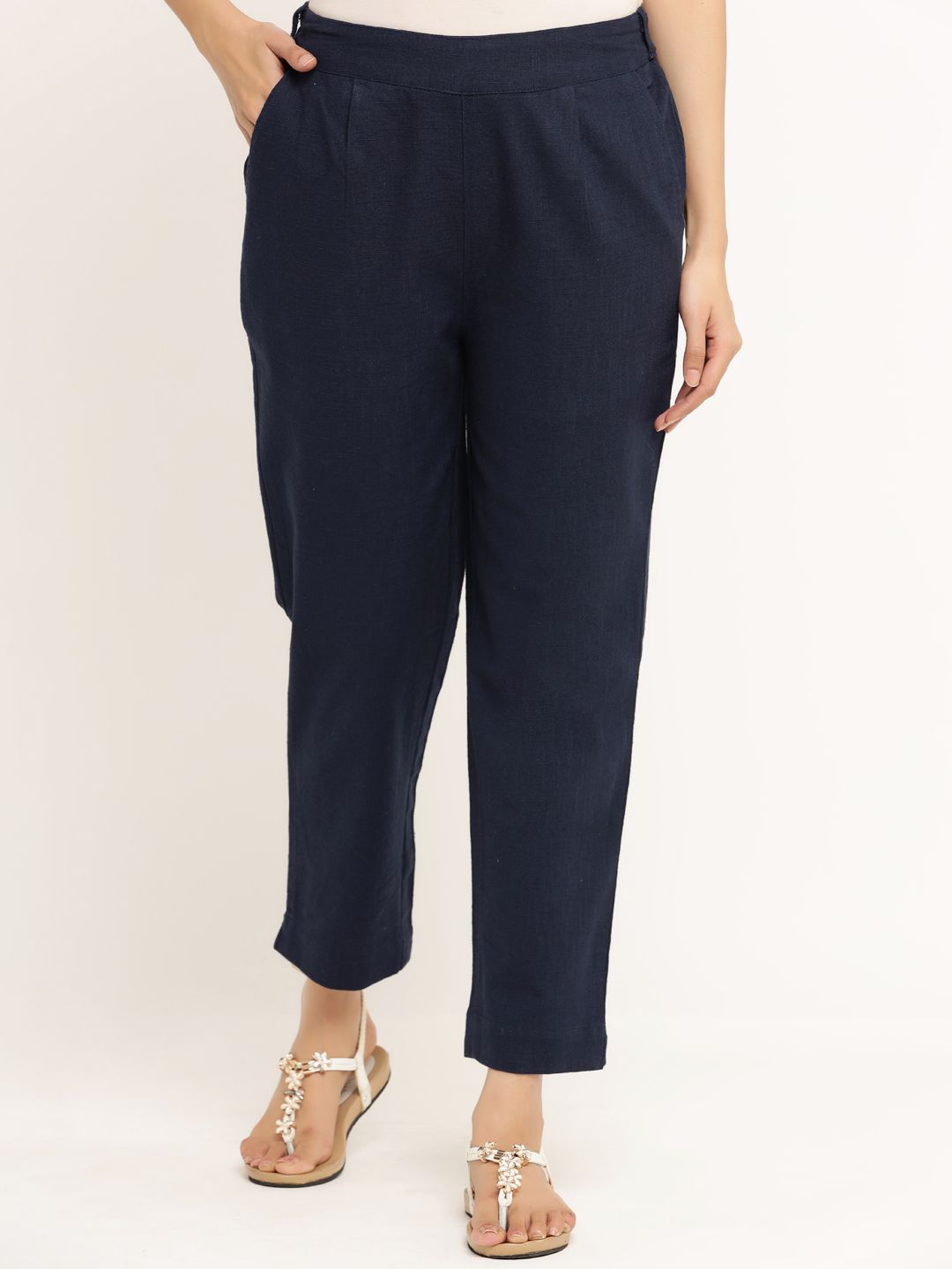 Aprique FAB Women Navy Blue Regular Fit Solid Trousers Price in India