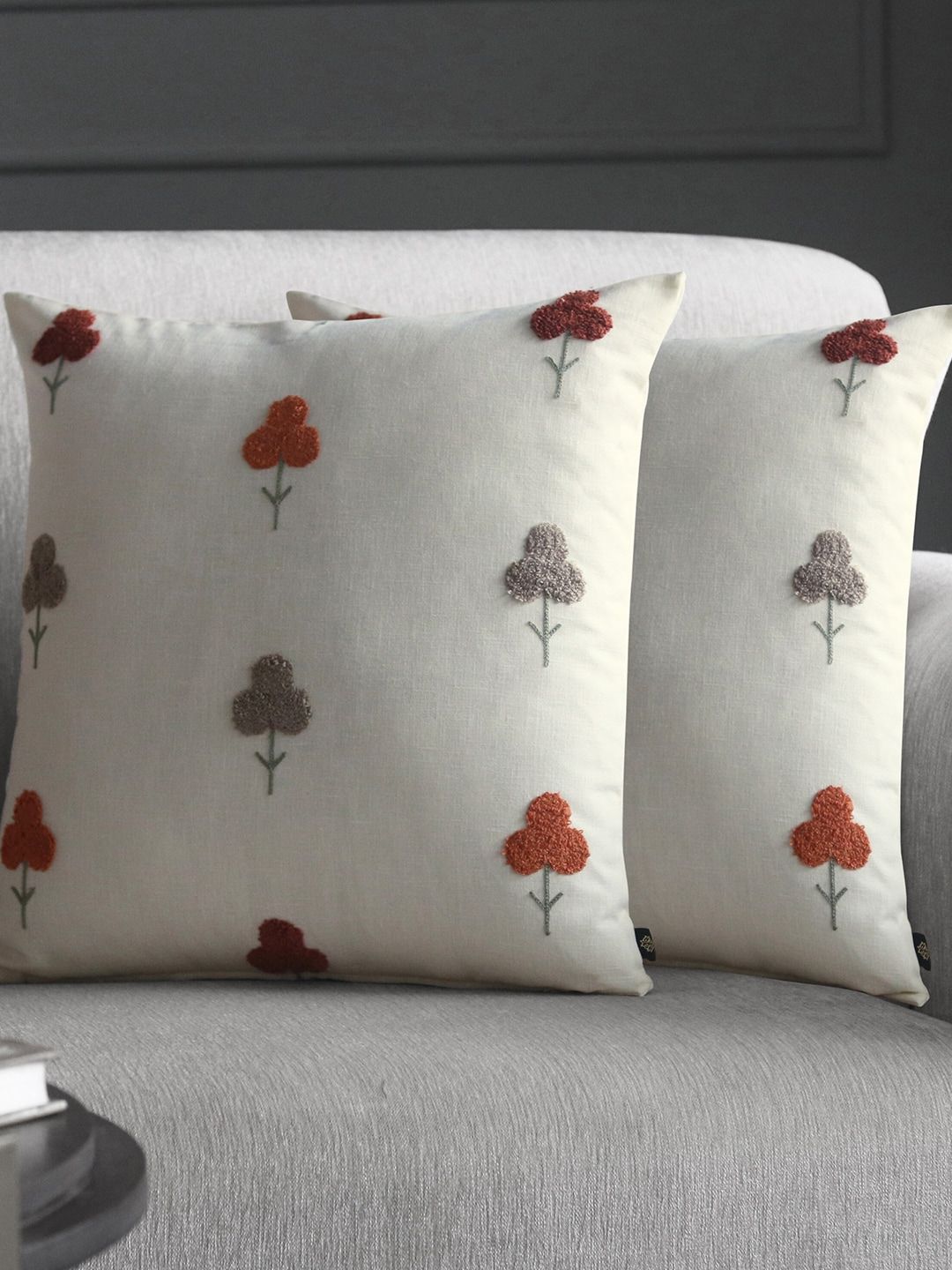 GM Floral Cotton 2 Pcs Embroidered Square Cushion Covers - 15.7 x 15.7 In