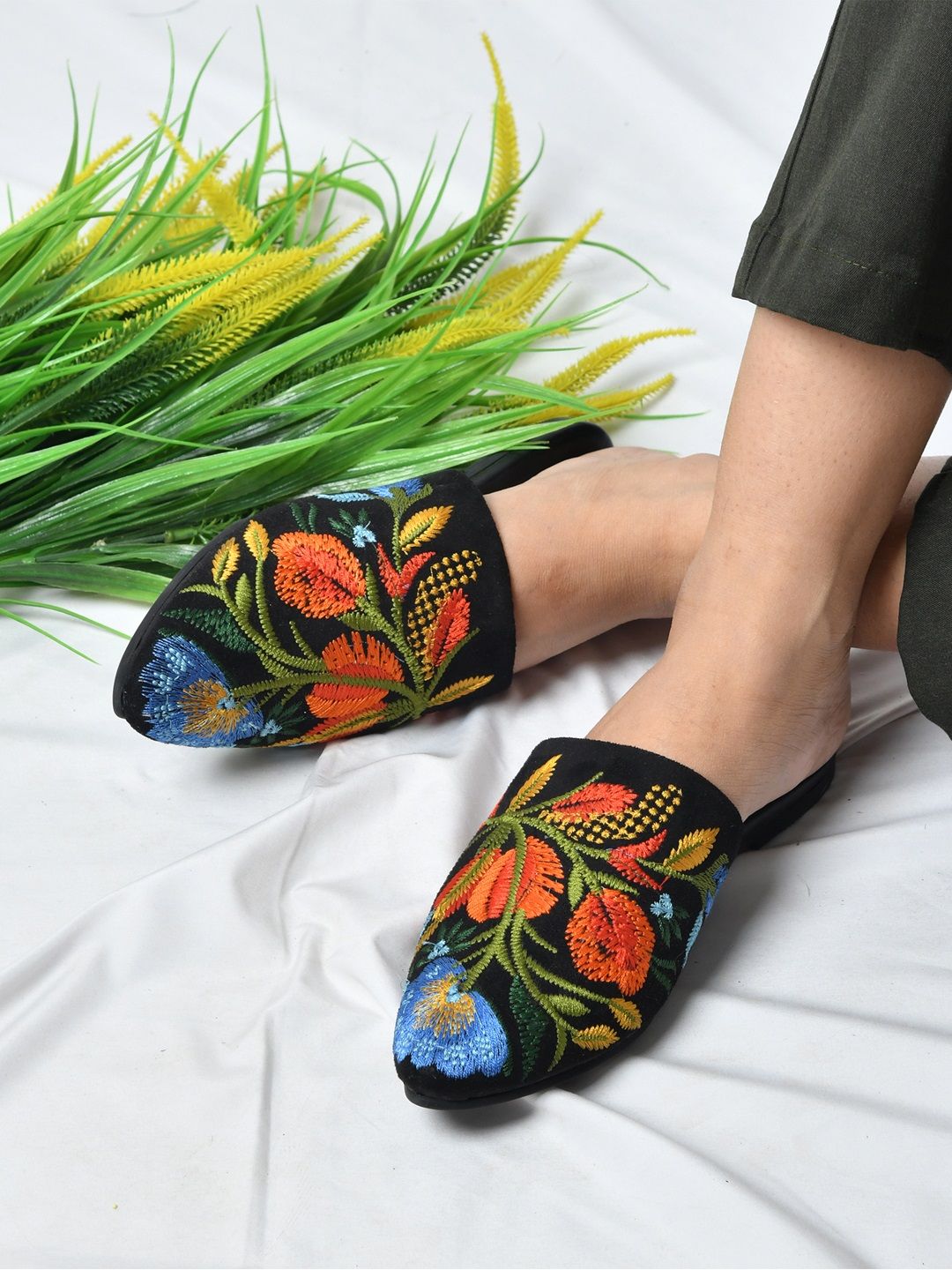 Zebba Women Black Embroidered Mules Price in India