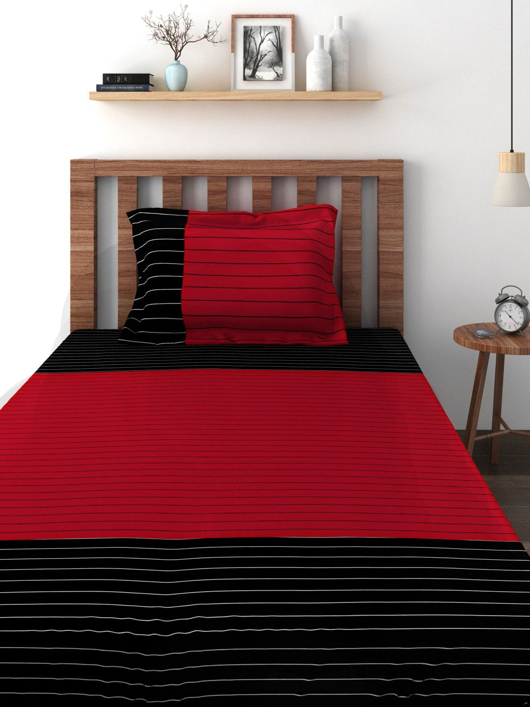 SWAYAM Black & Red Cotton 180 TC Single Bedsheet with 1 Pillow Cover Price in India