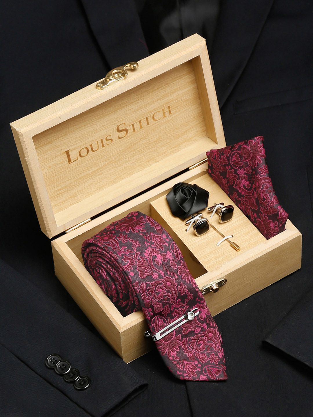 LOUIS STITCH Men Burgundy Italian Silk Necktie Accessory Gift Set