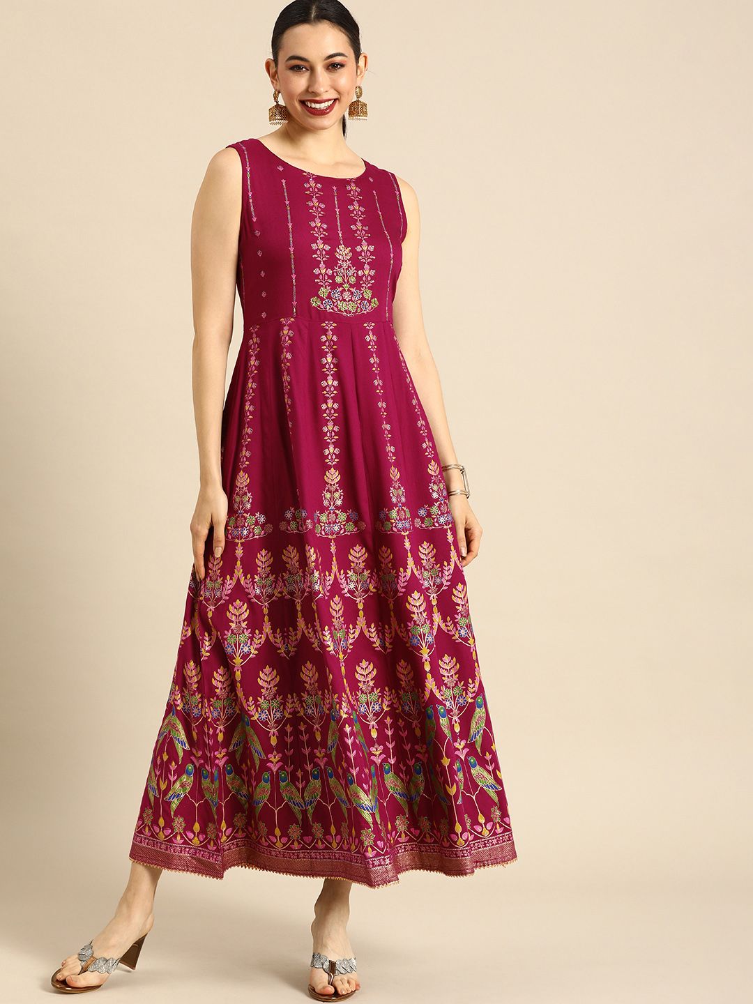 Anouk Burgundy & Golden Ethnic Motifs Ethnic Maxi Dress Price in India