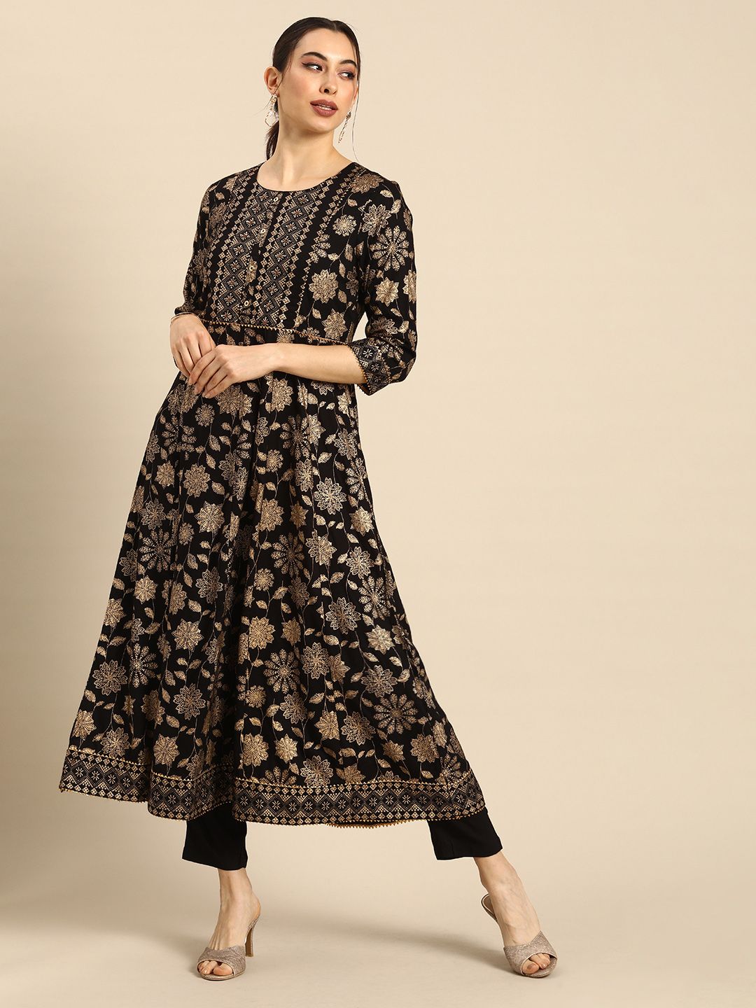 Anouk Women Black & Gold-Coloured Printed Anarkali Kurta with Trousers Price in India