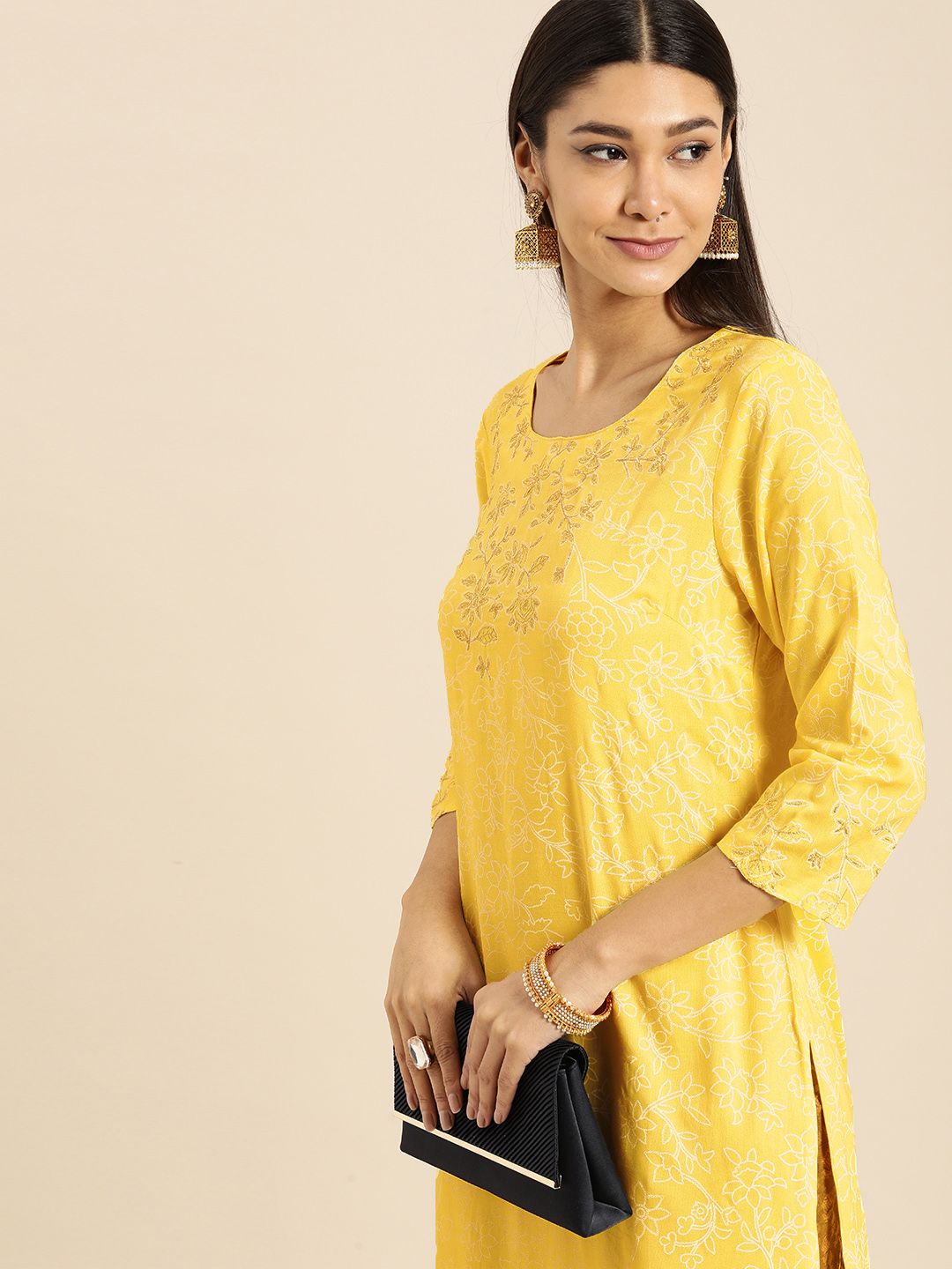 Anouk Women Yellow & White Floral Printed Thread Work Floral Kurta Price in India